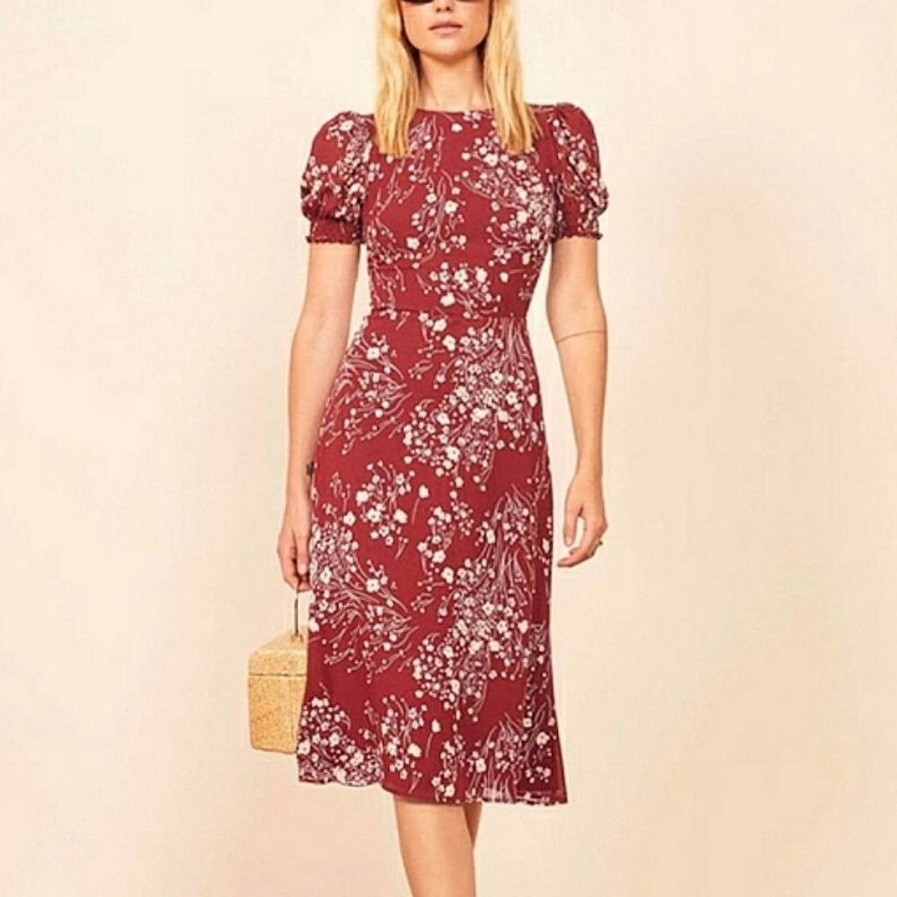 Red Floral Smocked Puff Sleeve Midi Dress - Picture 15 of 15